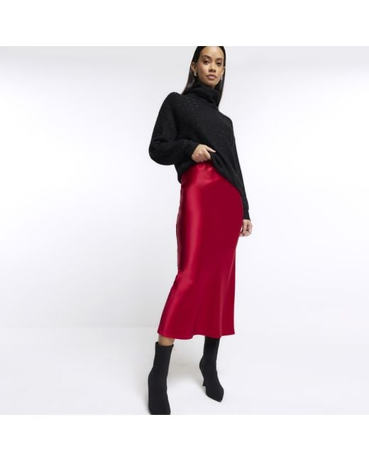 River Island Red Satin Maxi Skirt