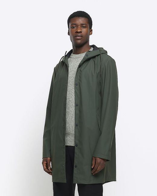 River Island Green Regular Fit Hooded Longline Rain Coat for men