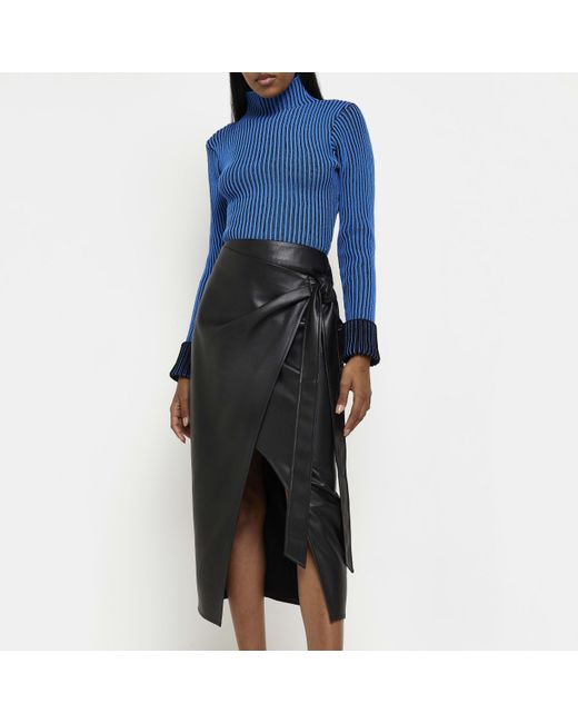 River Island Faux Leather Wrap Midi Skirt in Blue | Lyst UK
