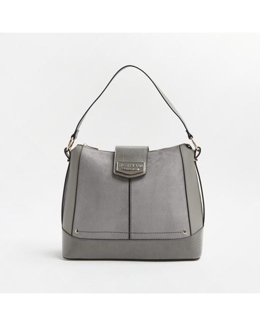 River Island Gray Grey Croc Embossed Slouch Bag