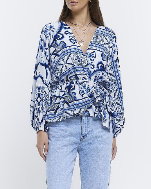 River Island Blue Patterned Wrap Top