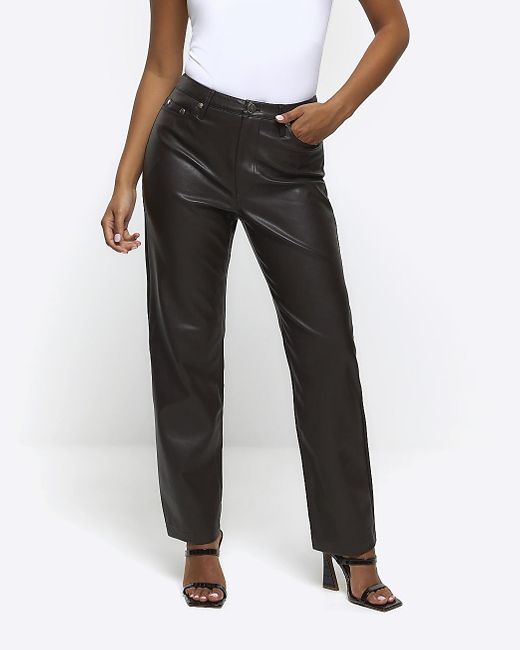 River Island White Petite Brown Faux Leather Straight Trousers
