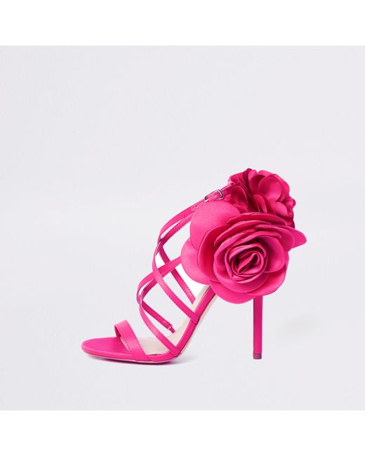River Island Pink Flower Strappy Stiletto Heel Sandals
