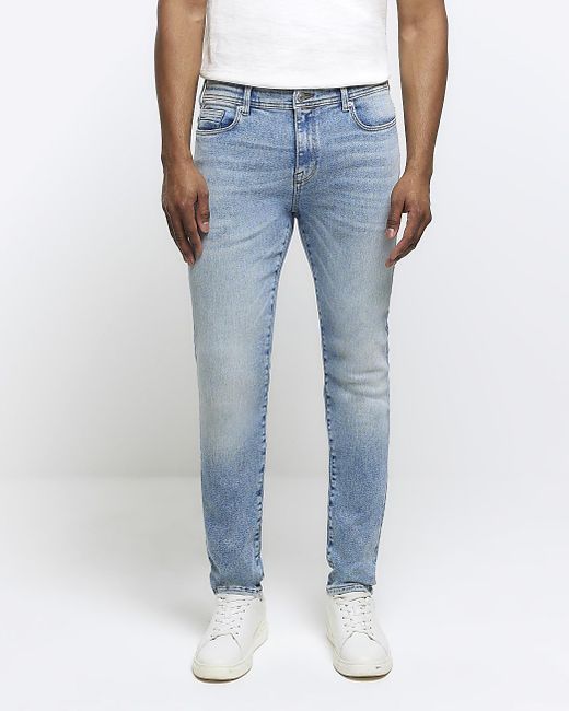 River Island White Blue Skinny Fit Jeans for men