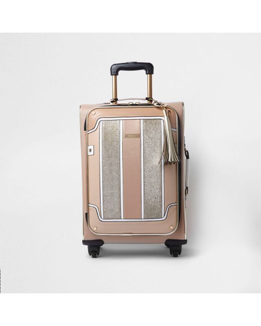 River Island Natural Beige Panel Glitter Four Wheel Suitcase