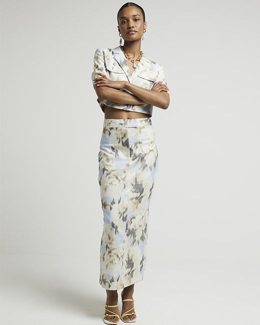River Island Green Blue Floral Tailored Maxi Skirt