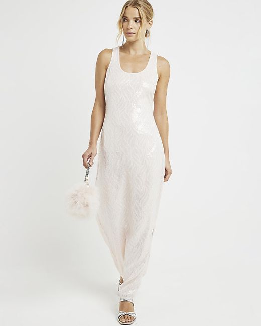 River Island White Pink Sequin Scoop Neck Slip Maxi Dress