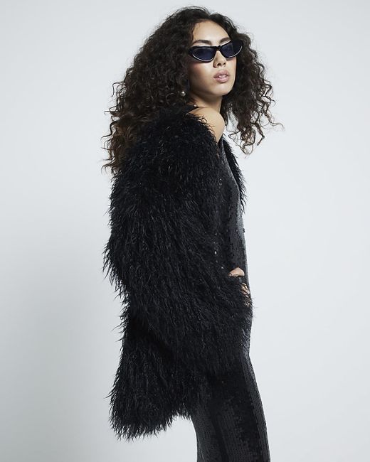 Black faux fur collar waterfall jacket 2025