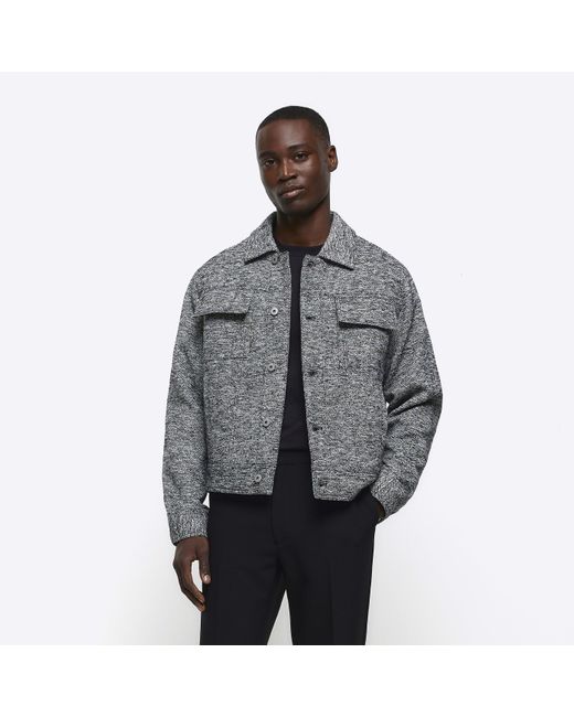 River Island Gray Grey Regular Fit Wool Blend Trucker Jacket for men