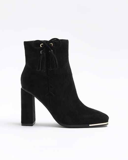 River Island Black Suedette Lace Up Detail Heeled Boots