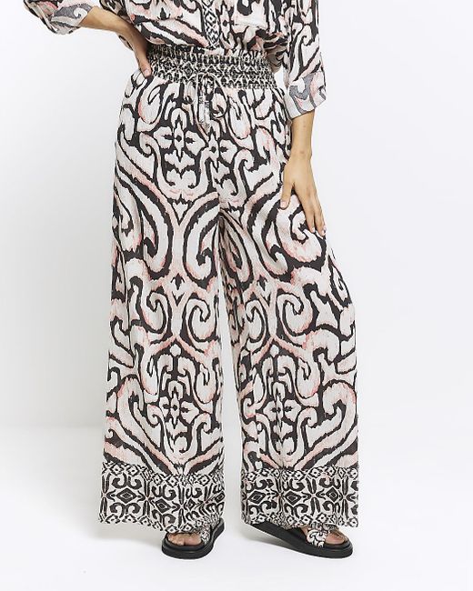 River Island White Abstract Wide Leg Beach Trousers