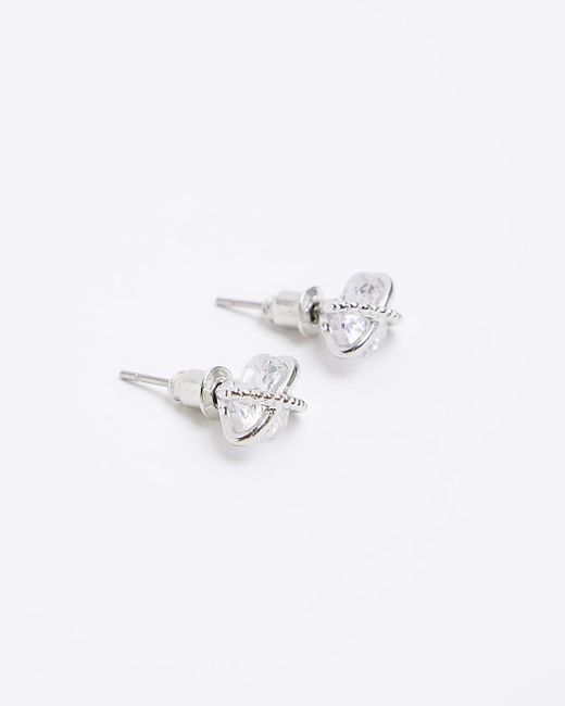 River Island White Silver Diamante Crossed Stud Earrings