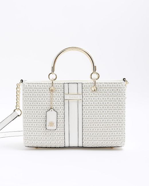 River Island White Panelled Weave Tote Bag