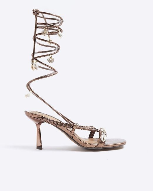 River Island White Brown Shell Detail Lace Up Heeled Sandals