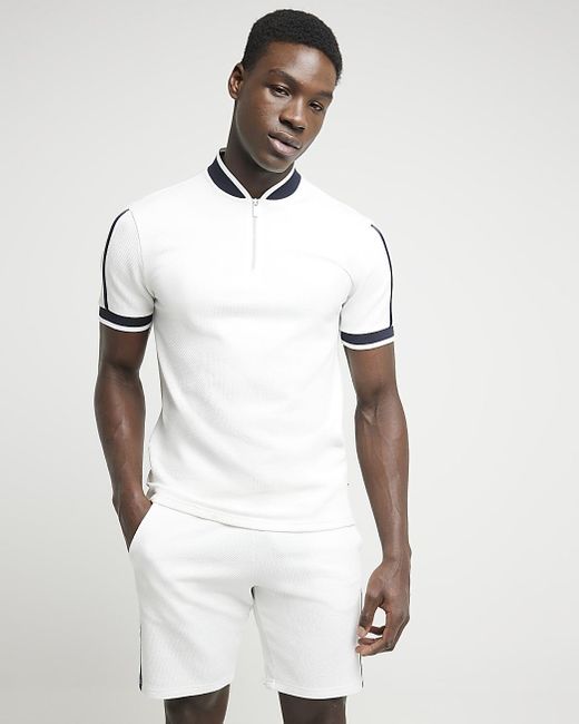River Island White Slim Fit Textured Taped Polo for men