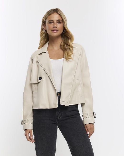 River Island Natural Faux Leather Crop Trench Coat