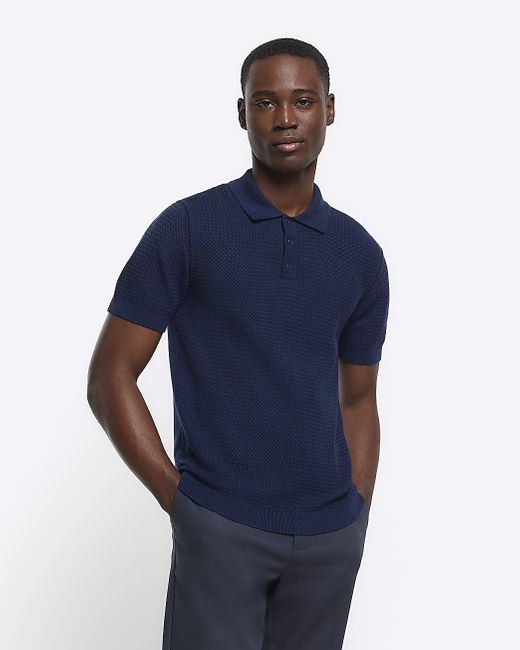 River Island Blue Navy Slim Fit Textured Knit Polo for men