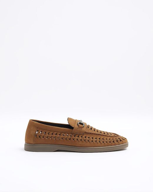 River Island Brown Suede Woven Chain Loafers for men