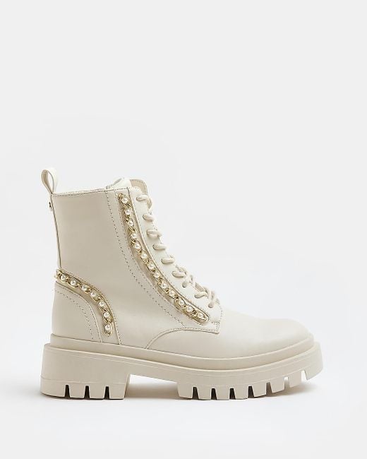 River Island Natural Cream Chain Lace Up Chunky Boots