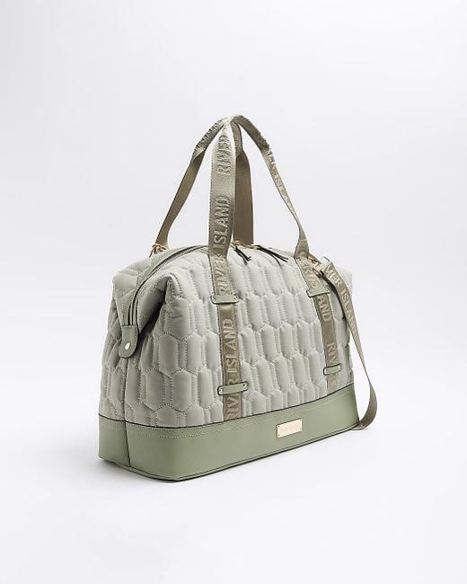 River Island Gray Green Quilted Webbing Travel Bag