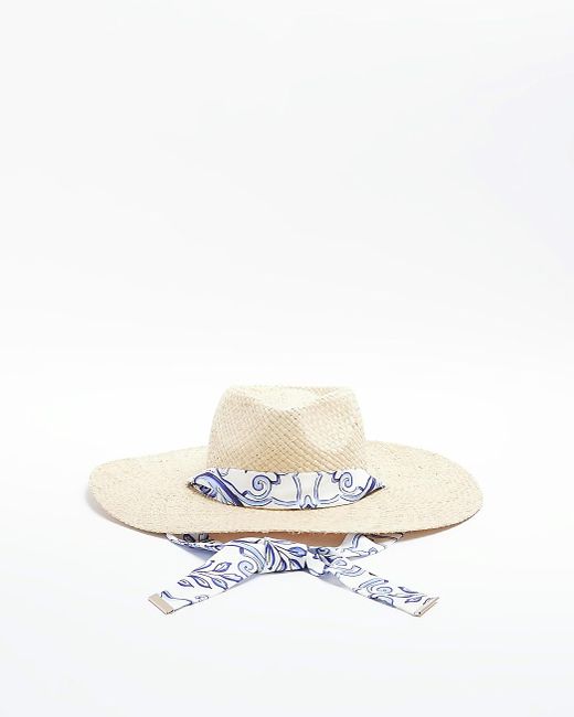 River Island White Beige Straw Scarf Detail Hat