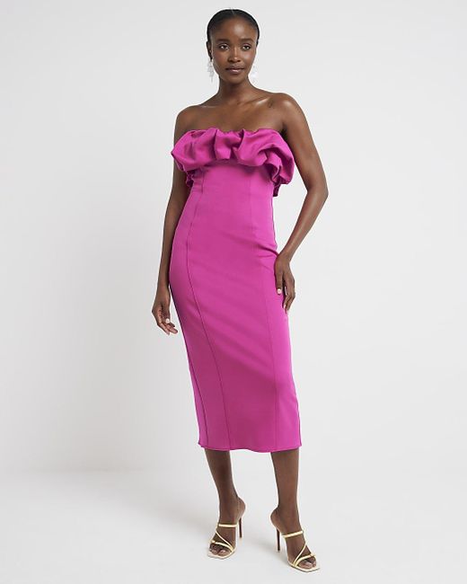 River Island Pink Bandeau Bodycon Midi Dress