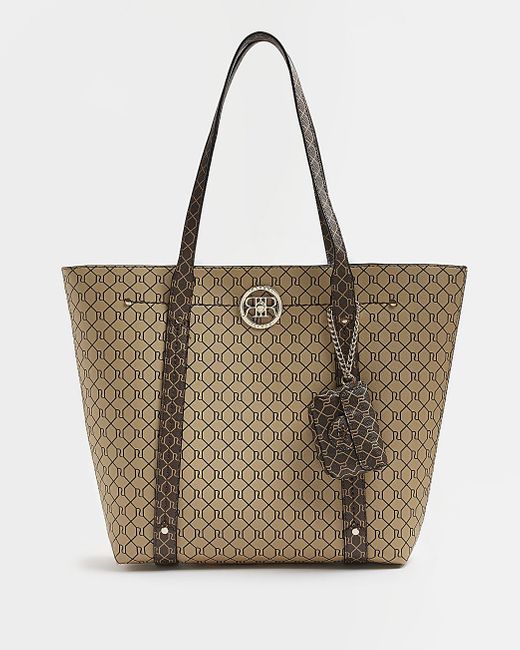 River Island Brown Ri Monogram Shopper Bag in Natural | Lyst