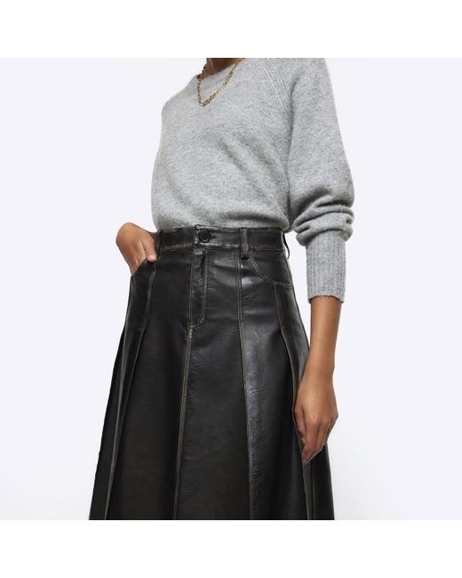 River Island Black Faux Leather Distressed Midi Skirt in White | Lyst UK