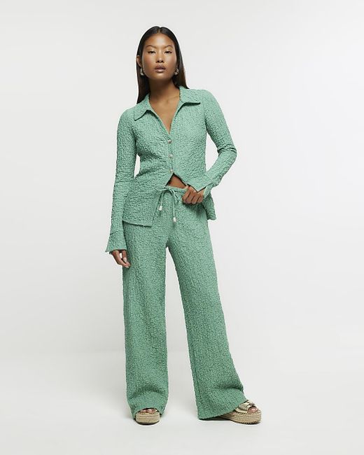 River Island Green Textured Wide Leg Trousers
