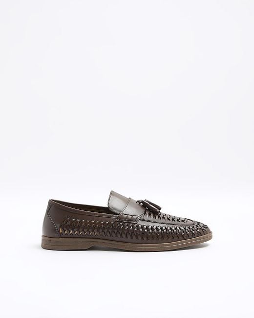 River Island White Brown Leather Woven Tassel Loafers for men