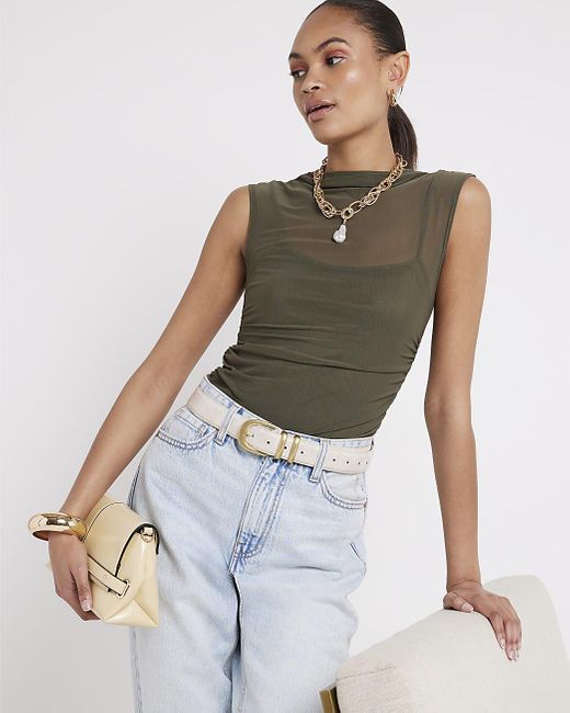 River Island Green Mesh Ruched Top