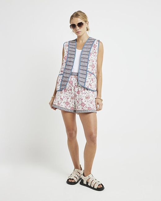 River Island White Pink Quilted Floral Gilet