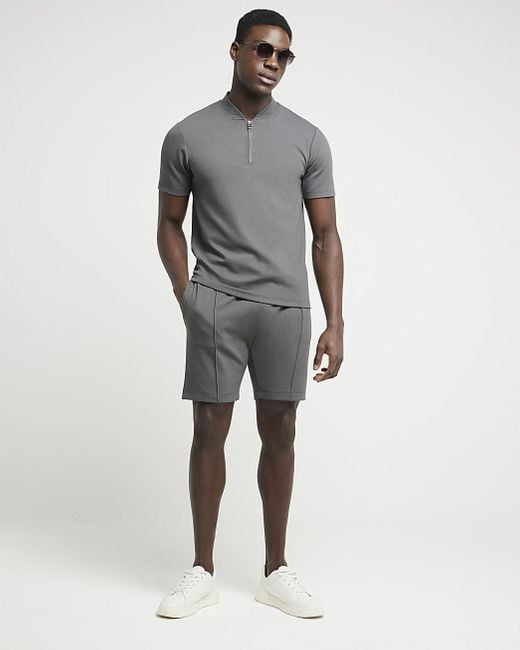 River Island Gray Grey Slim Fit Textured Half Zip Polo for men