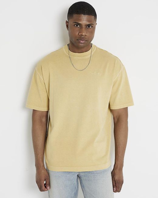 River Island Natural Yellow Oversized Fit Embroidered T-shirt for men