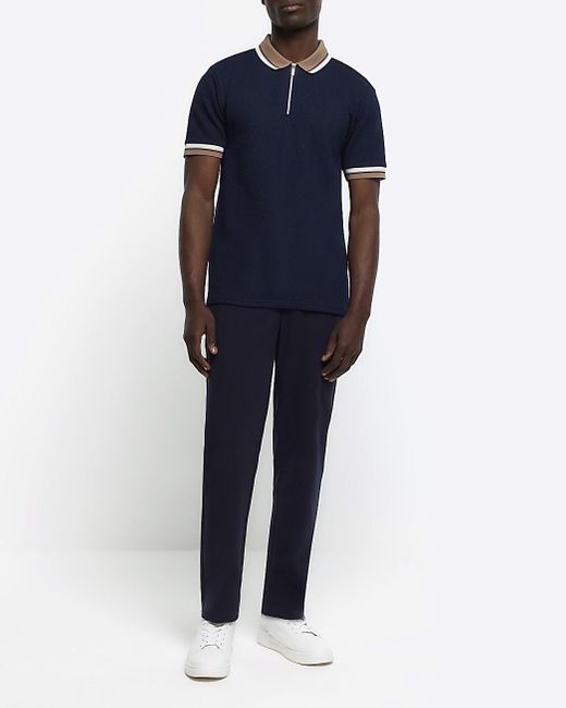 River Island Blue Textured Taped Polo for men