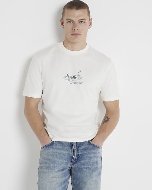 River Island White Ecru Regular Fit Graphic T-shirt for men