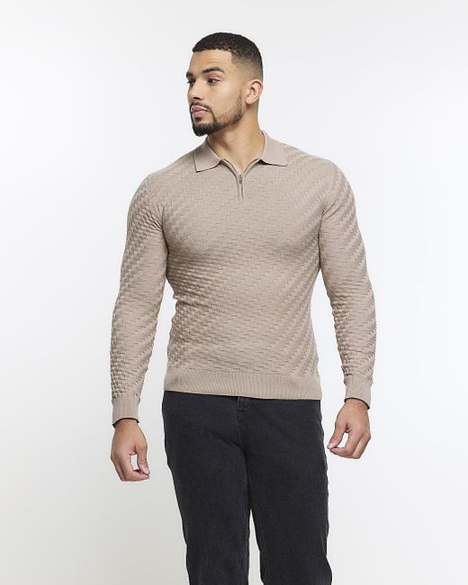 River Island Natural Beige Muscle Fit Zig Zag Knit Polo for men