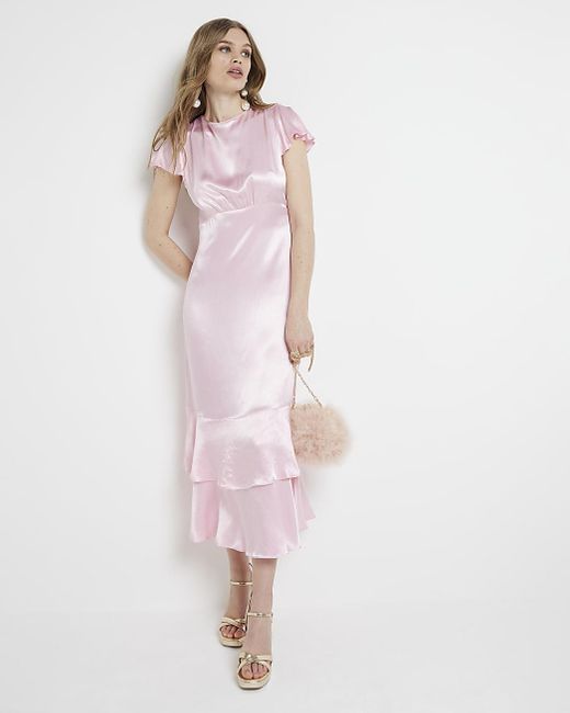 River Island White Pink Satin Tiered Swing Midi Dress