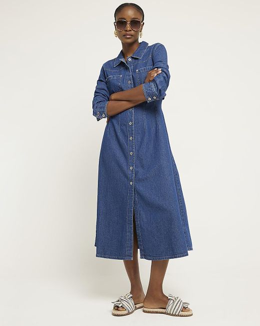 River Island Blue Denim Midi Shirt Dress