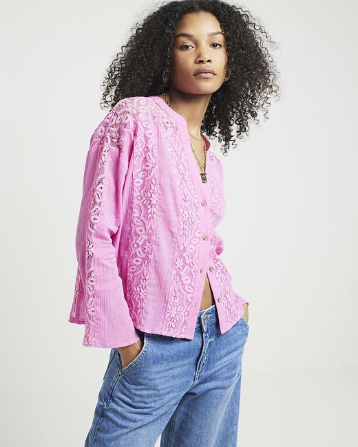 River Island Blue Pink Lace Button Up Blouse