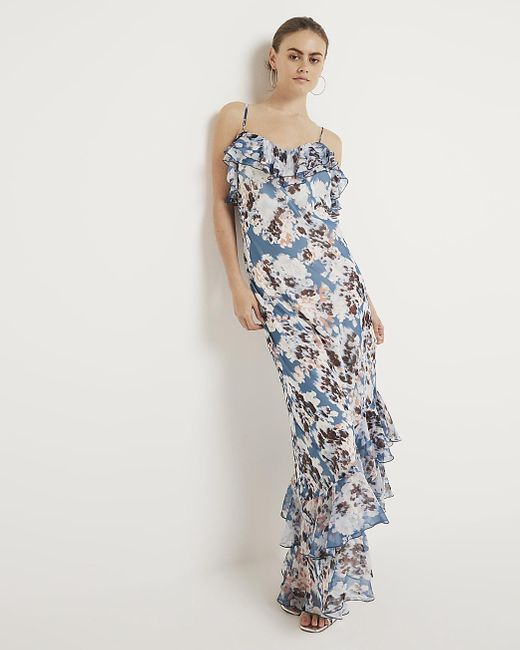 River Island Blue Floral Frill Slip Maxi Dress