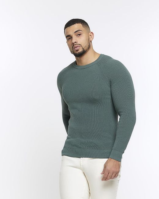 River Island Blue Green Muscle Fit Knit Rib Jumper for men