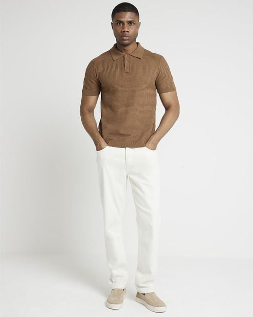 River Island Brown Textured Knit Polo for men