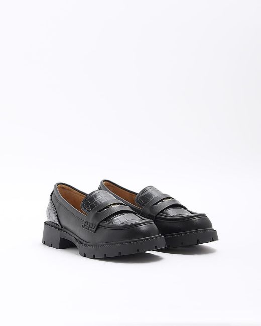 River Island Black Croc Embossed Chunky Loafers
