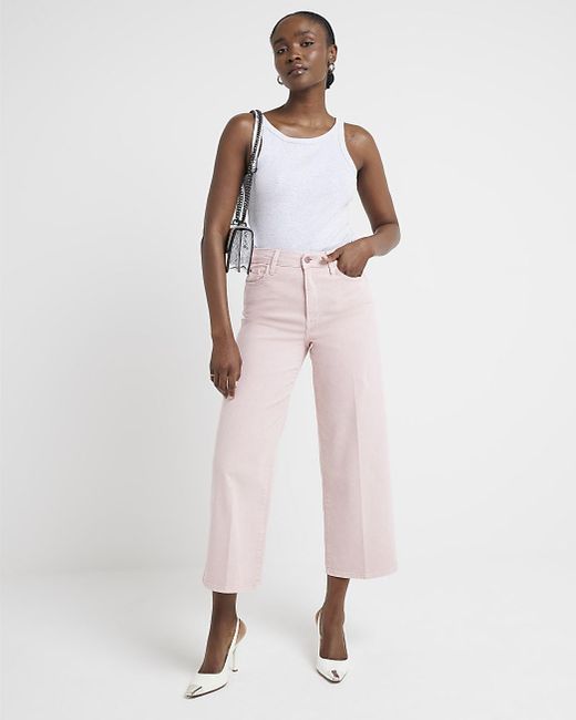 River Island Pink High Waisted Wide Leg Cropped Jeans