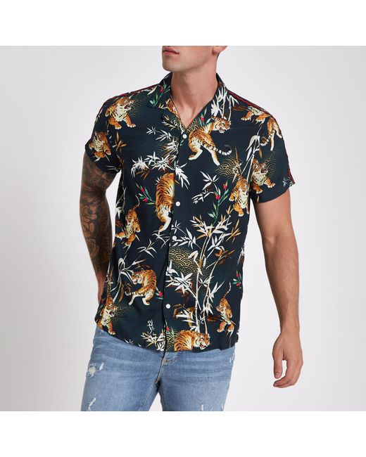 River Island Blue Tape Tiger Print Revere Shirt for men