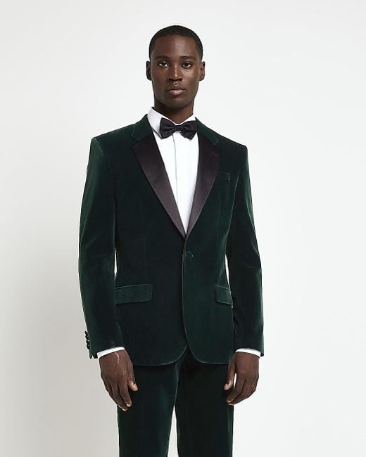 River Island Black Dark Green Velvet Tuxedo Slim Suit Jacket for men