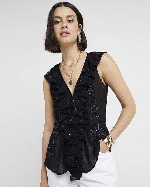 River Island Black Embroidered Frill Blouse