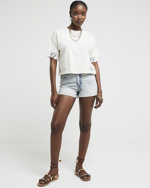 River Island White Beige Lace Panel T-shirt