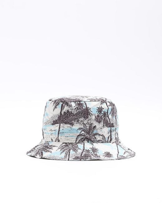 River Island White Blue Palm Tree Bucket Hat for men